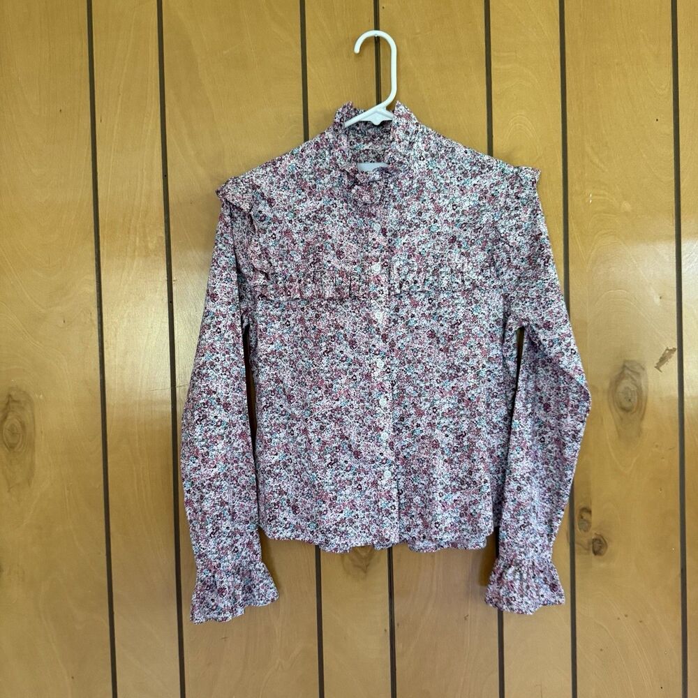 The Shirt Rochelle Behrens Floral Button Down XS Pink Frilled Collared Shirt Top